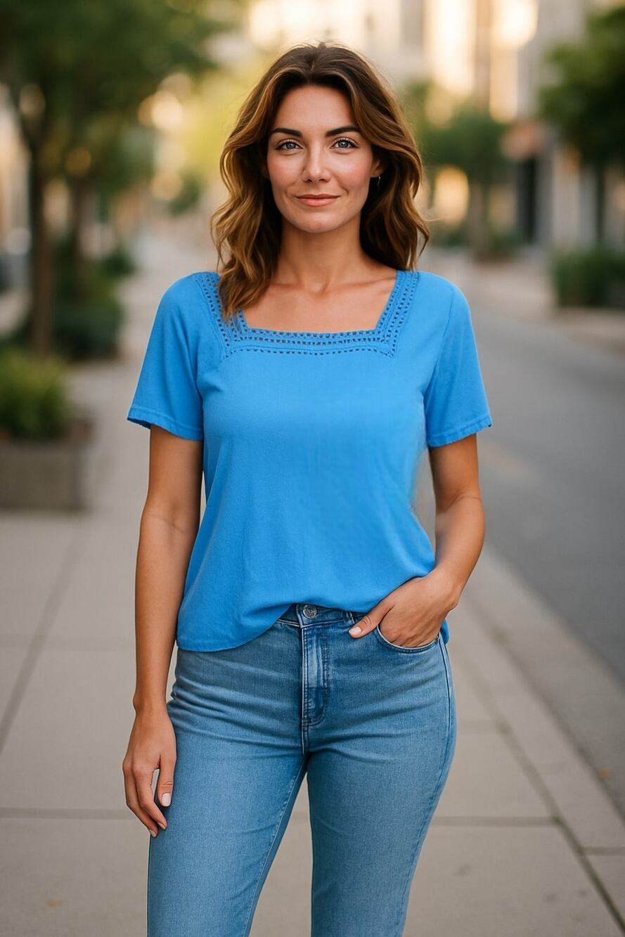 NWT Rafaella Women’s XXL Azure Blue Short Sleeve Embellished Blouse Top